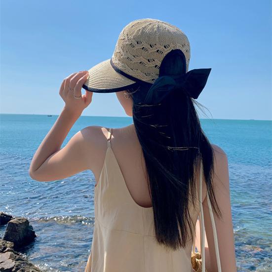 Hollow Out Round Dome Straw Hat Back Bowknot Decor Folding Wide Large Brim Pure Color Beach Hat Fashion Accessories