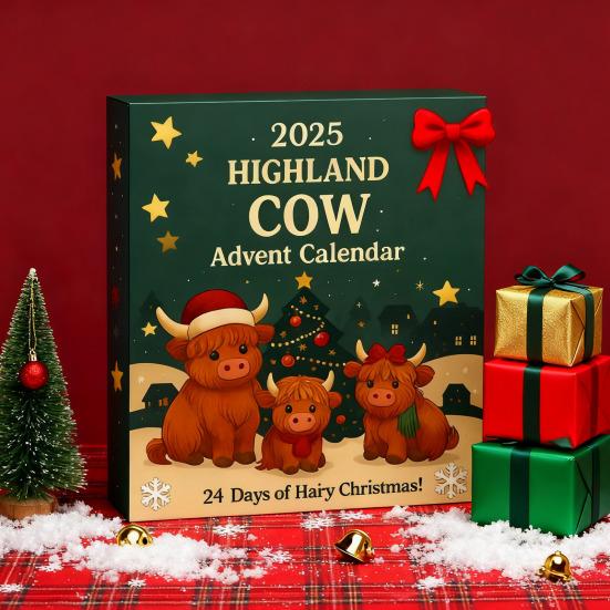 Yousheng Highland Cow Advent Calendar 2025 Cute Highland Cow Ornaments 24-Day Christmas Countdown Surprise Gifts for Christmas Tree Home Decor