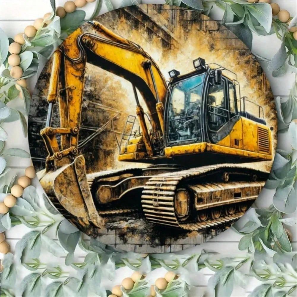 2D Flat Circular Metal Wall Art Excavator Design For Home Garden Decor