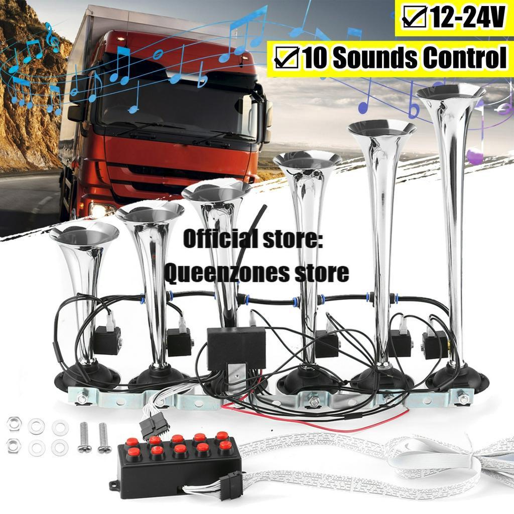 12-24V 6 Trumpet Car Air Horn Kit Ultra Loud 10 Different Sounds Control 1 pc Silver