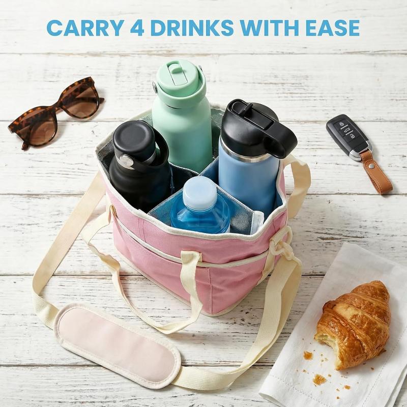 4-Compartment Drink Carrier Bag Large Capacity Insulated Water Bottle Holder Tumbler Tote With Adjustable Strap Travel, Picnic