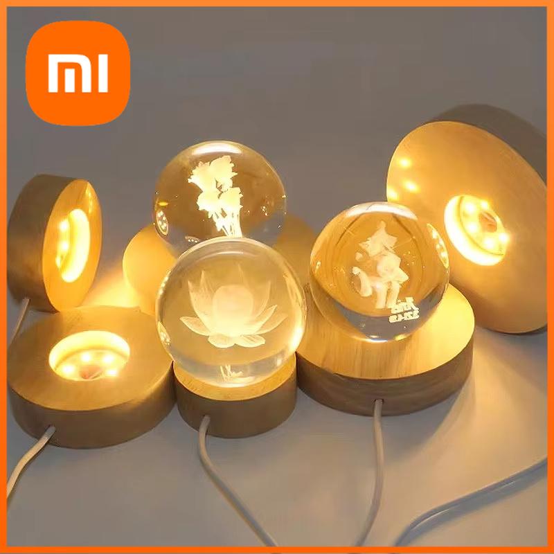 Xiaomi 5/6/8/10CM LED Desktop Decorative Wooden Round Lamp Holder DIY Birthday Gift Night Light Crystal Lamp Luminous Base USB Power