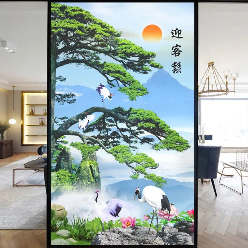 No Glue Privacy Windows Film Decorative Chinese Flower Painting Stained Glass Static Cling Frosted Window Stickers