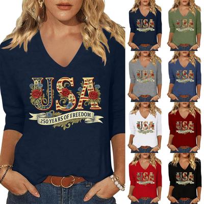 Womens Spring Tops V Neck 3/4 Sleeve USA Print 250 Years of Summer Shirts for Women Casual Style Tshirts Shirts for Women