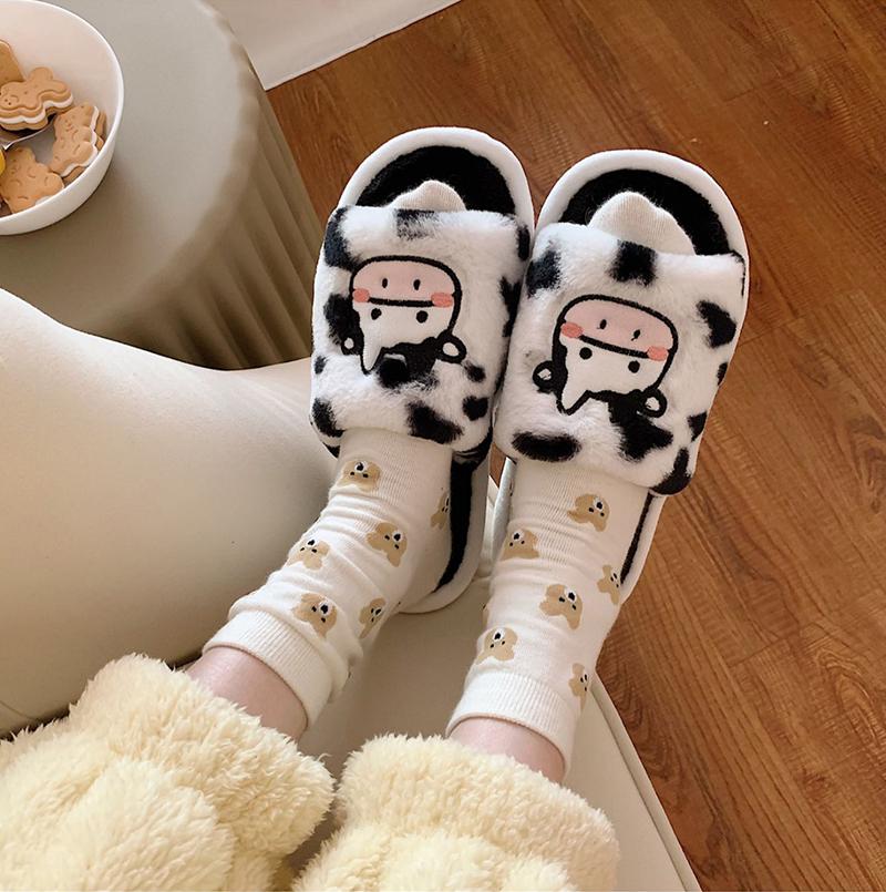 Fashion Kidmi Indoor Cotton Slippers for Women Fashionable Cute Cartoon Plush Cow Cotton Slippers Autumn and Winter Student Light Slides
