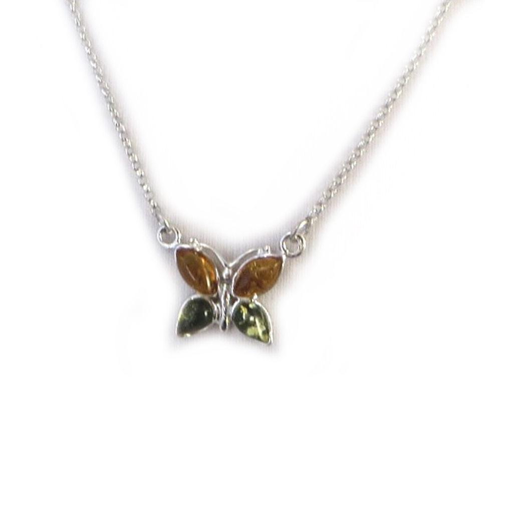 Les Trésors De Lily [N2818] - Silberkette 'Schmetterling' Bernstein cognac und grün (rhodiniert) - 16x12 mm