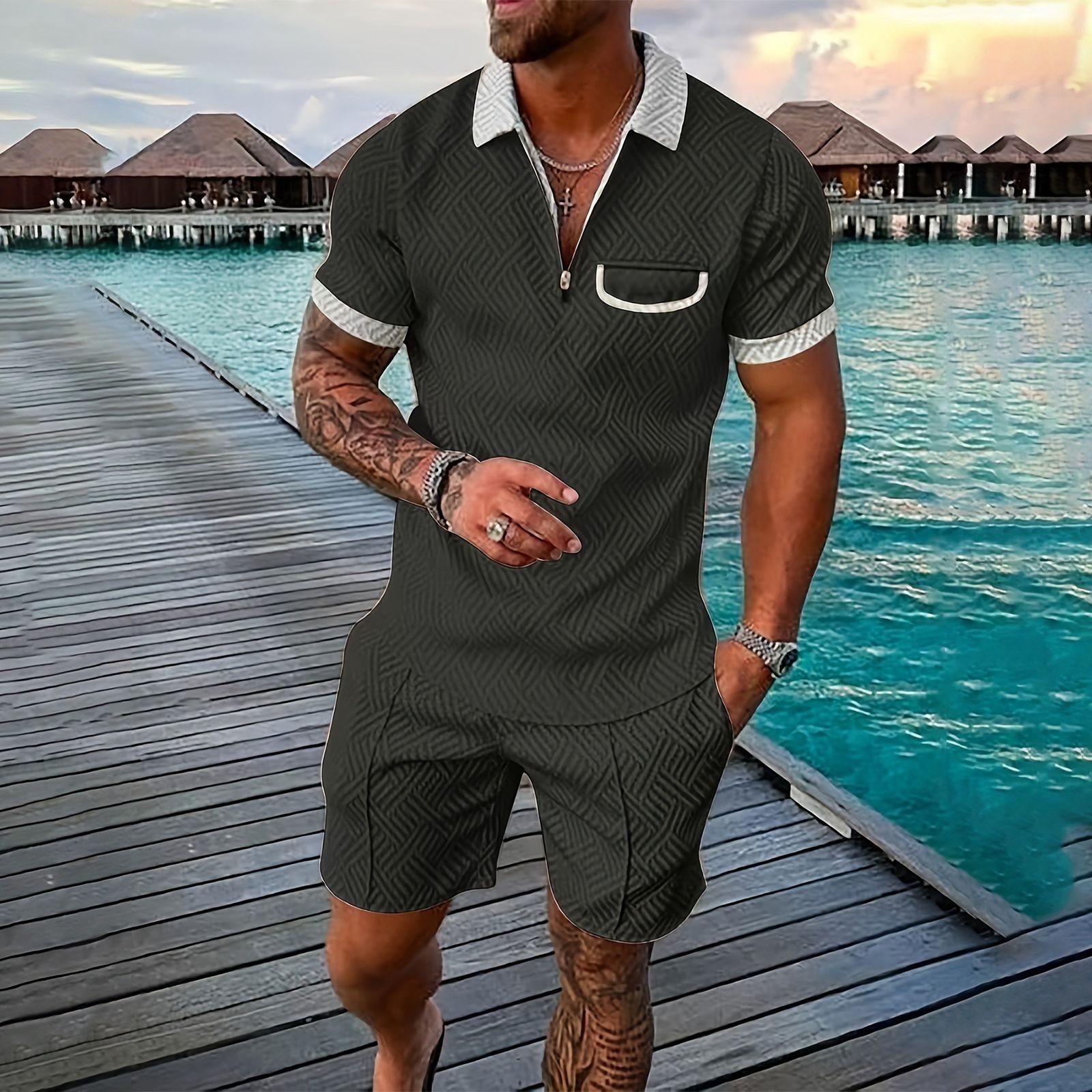 

Мужской летний однотонный комплект из рубашки с коротким рукавом, карманом на молнии и лацканами, шортами L армия зеленый