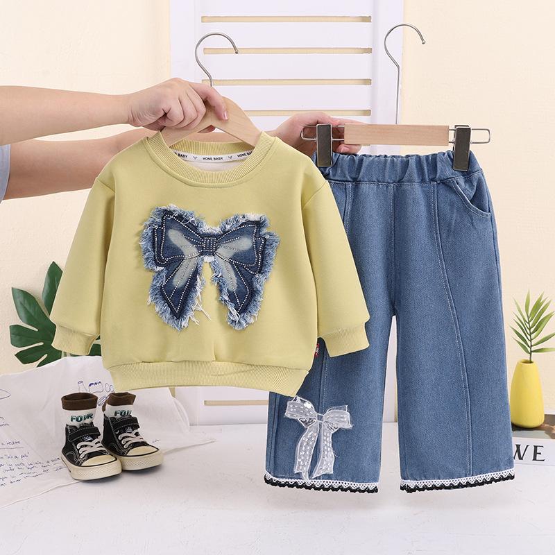 Girls Fall Fashion Denim Set With Applique Bow Long Sleeve Top And Pants 2 Piece Outfit