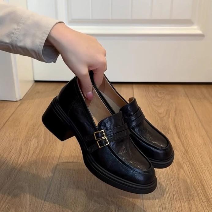 Spot Second Hair! British Style Small Leather Shoes Women's Double-breasted Buckle Belt Versatile One-pedal Thick Heel Single Shoes Platform Loafers