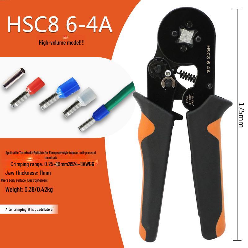 HSC8 6-4A Self-Adjusting Crimping Tool for VE Tube Terminals, 0.25-10mm Range, Quadrilateral Crimping.