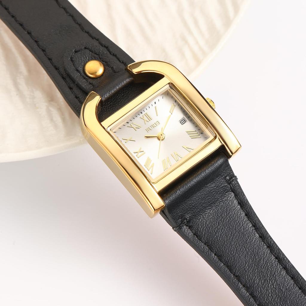 BUREI and Gold Square Roman Black Leather Perfect for and Casual Made in Japan Battery Women's Watch, Stylish, Simple, Cute, Quartz, Waterproof,