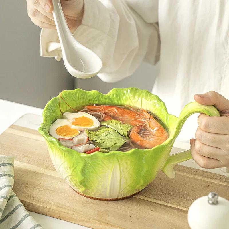 Crank Ceramic Cabbage Instant Noodle  Soup Bowl Household Fruit Salad 2025 New Tableware Handle Bowl
