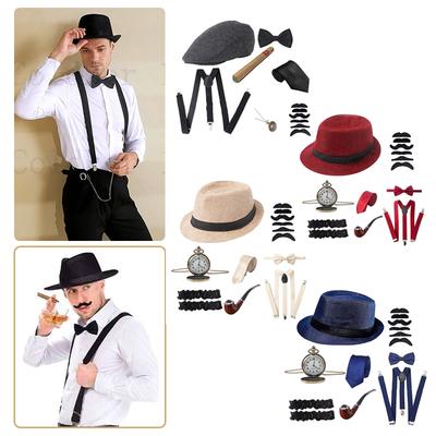 1 Set 1920'S Cosplay Costume Hat Pocket Watch Neck Tie Moustache Bowtie Gatsby Masquerade Accessories