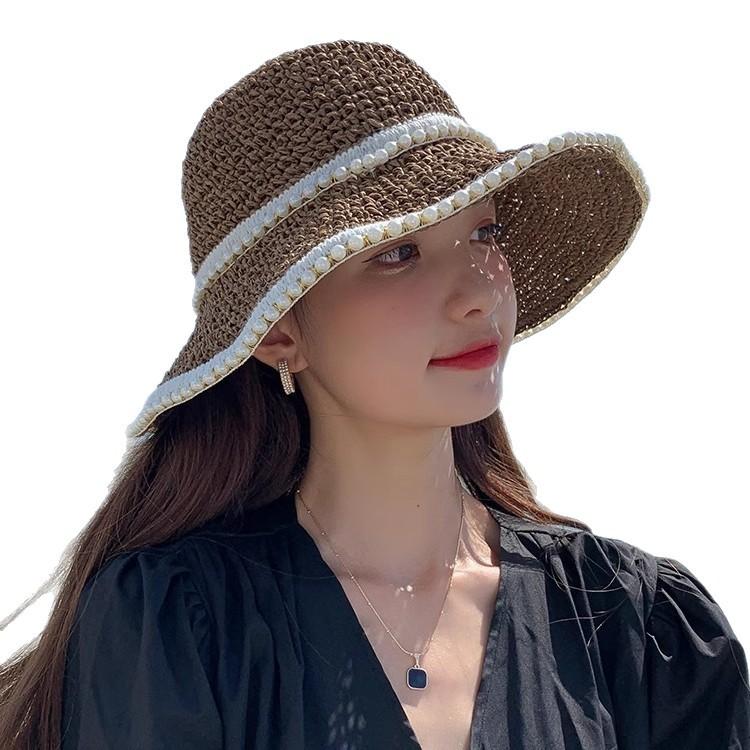 Women's Pearl Trim Straw Bucket Hat Crochet Sun Hat with Beaded Edge Wide Brim UV Protection for Summer Beach & Vacation