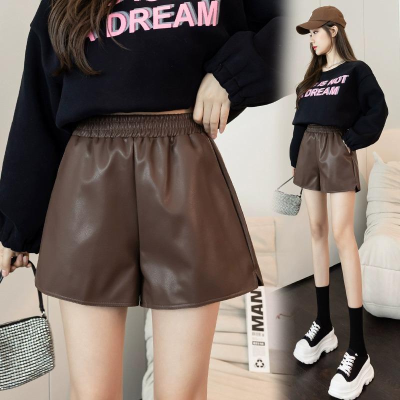 Trendy High-Waist Black PU Leather A-line Shorts for Women - Autumn 2025 Collection 5XL кофейный