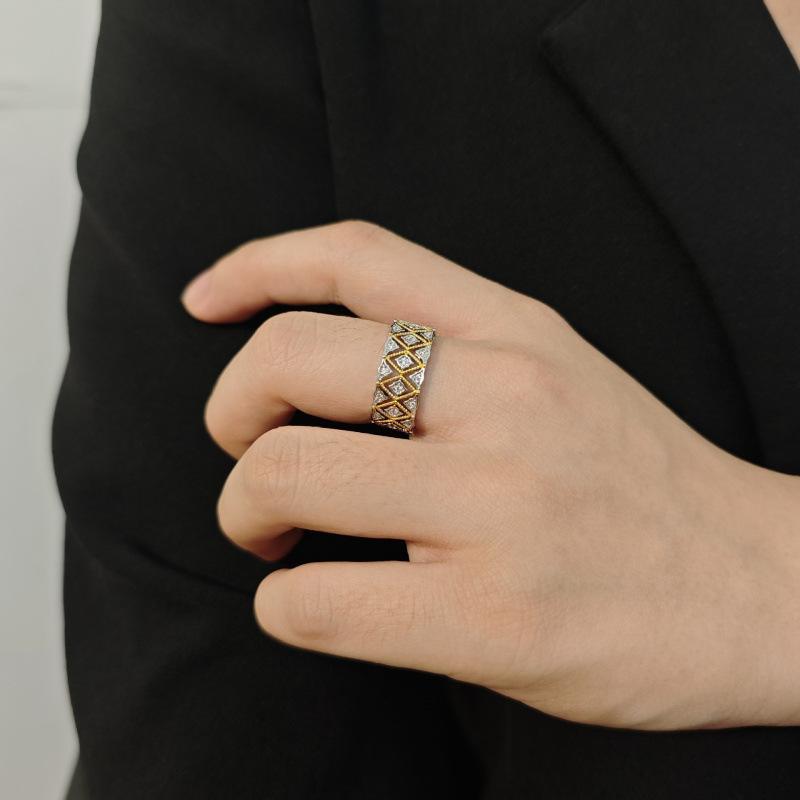 Italian Cloth Lace Brushed Silk Craft Court Style Diamond Set Ring Women'S Weave Pattern Carved Gold Diamond Ring Ring