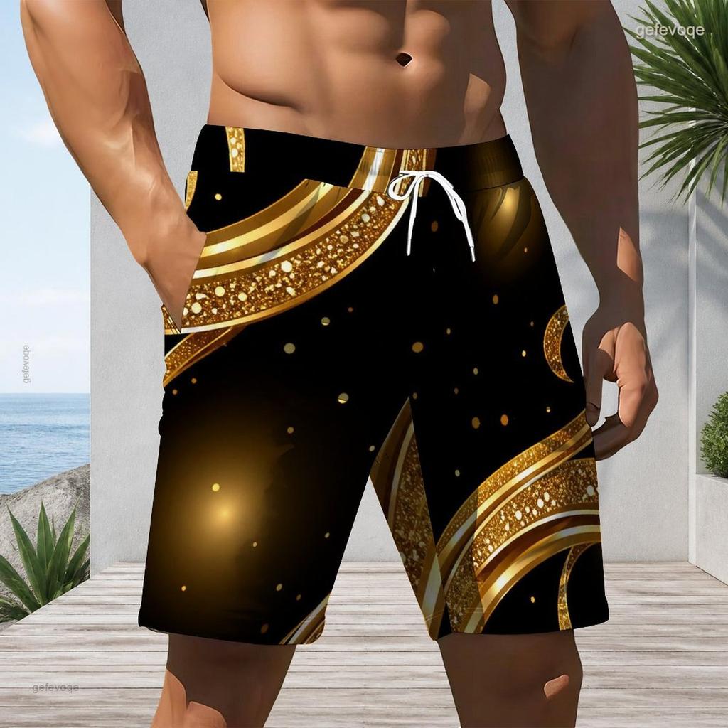 Mens Plus Size Beach Shorts Luxury Glitter Gold Dark Green Swirl Print Casual Drawstring Quick Dry Shorts For Summer Swimming Surfing Beach Holiday