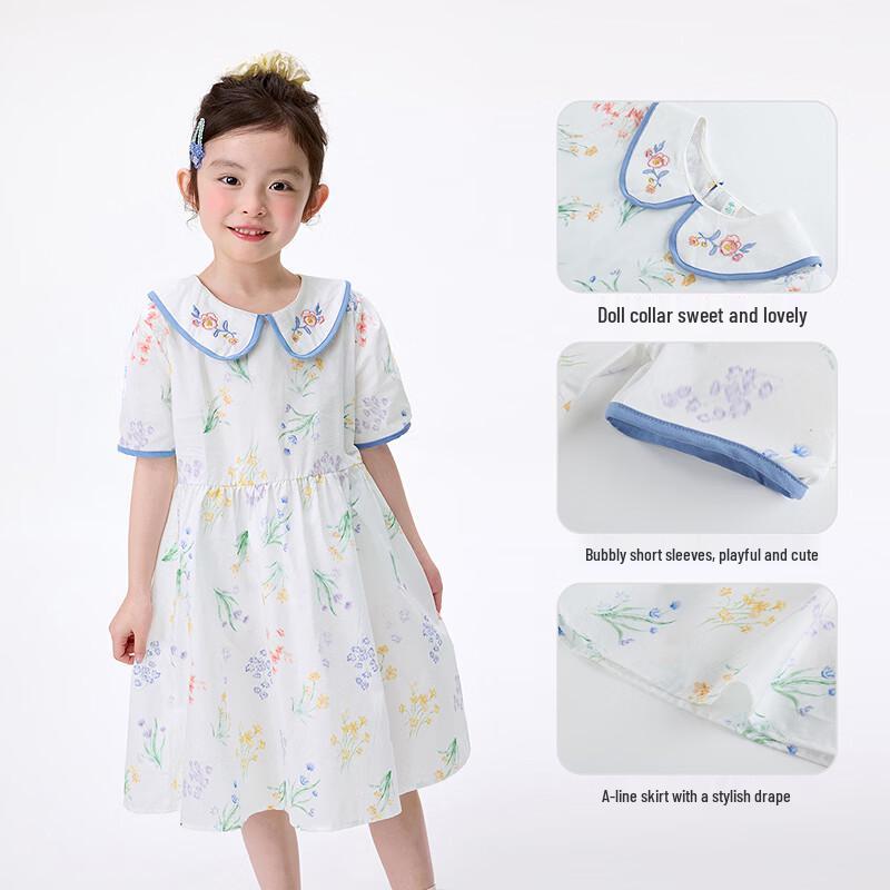 Girls' Blue Floral Doll Collar A-Line Dress