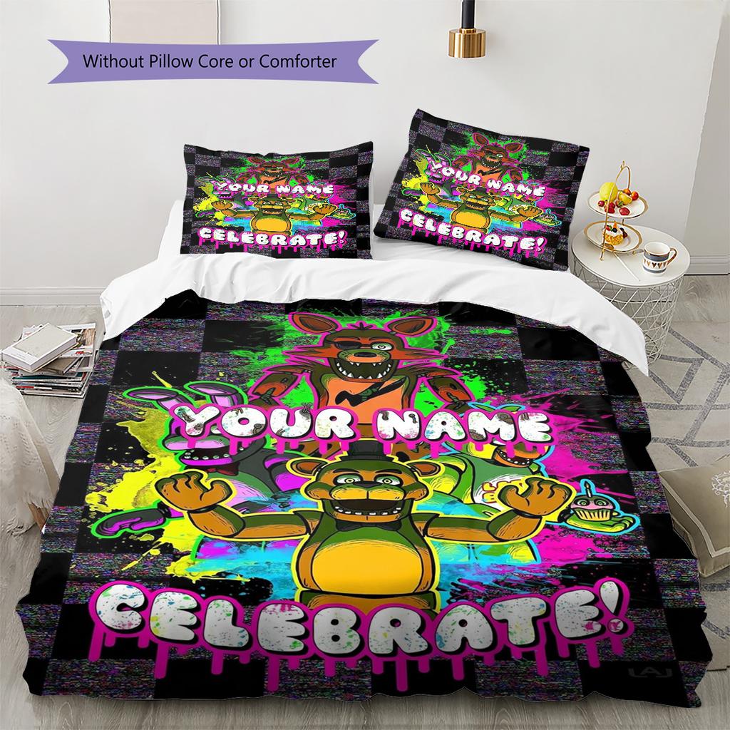 Fnaf Celebration Custom Name Pattern Bedding Quilt Set Quilt Cover Pillowcase Home Birthday Gift(1 * Duvet Cover + 2 * Pillowcase, Without Core)