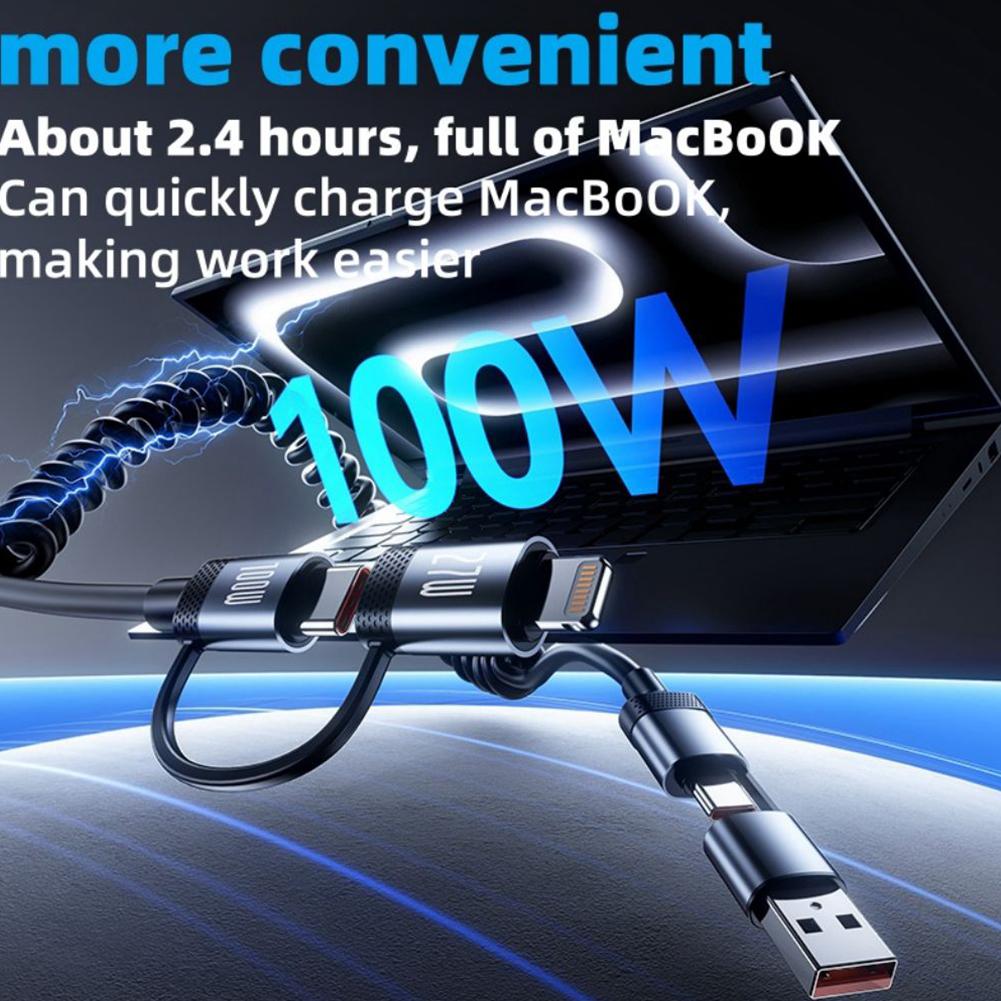 4 In 1 USB C To USB C And Lighting Coiled Charging Cable For Vehicle 100W Fast Charging & Data Transfer Safe Fast Charging