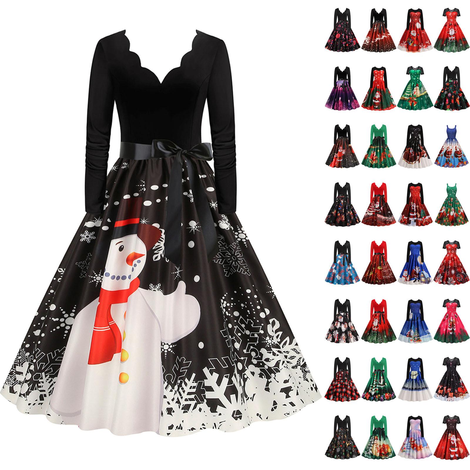 Женское модное рождественское повседневное тонкое платье с длинным рукавом с принтом — фото 4