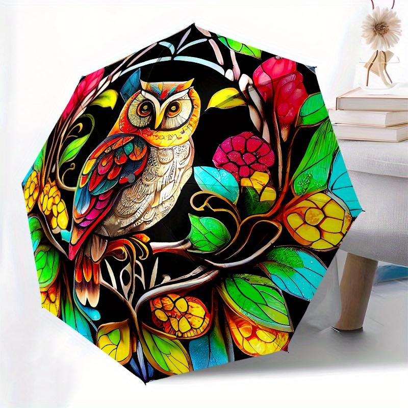 Owl, Stained Glass Automatic folding umbrella simple eight rib design, bright color pattern, durable iron frame, ideal for travel and outdo