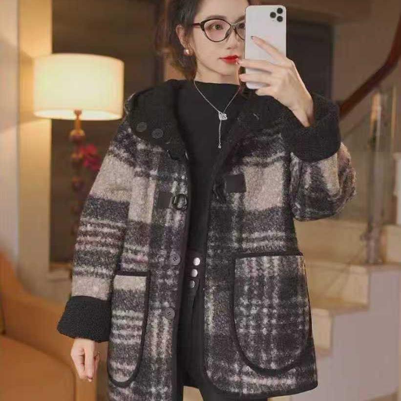 Women's Reversible Plaid Wool Coat - Petite Hooded Cardigan for Autumn/Winter 2025