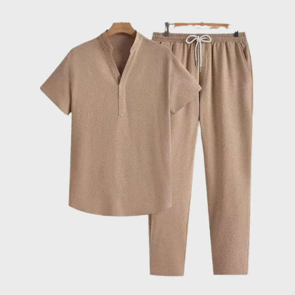 2026 Summer Men's Casual Sports Suit - Short Sleeve & Long Pants, Solid Color