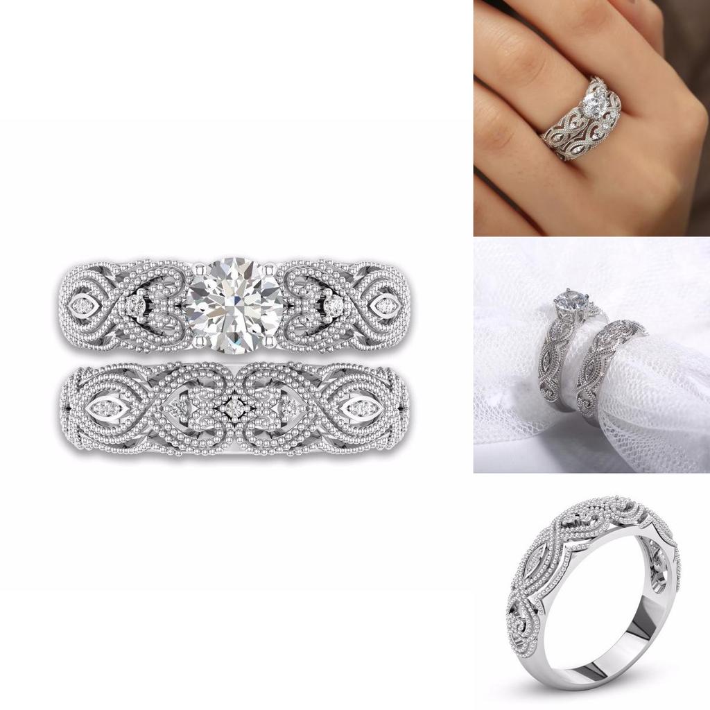 Classic And Chic 2-in-1 Womens White Retro Engagement Wedding Band Bridal Ring Set