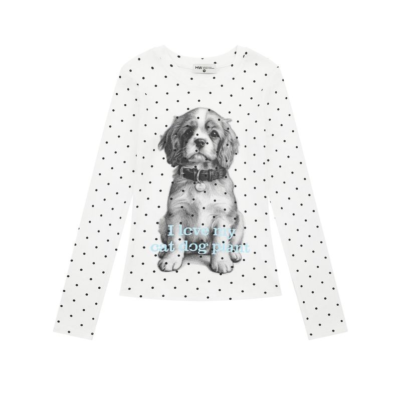 Shiyiyue Puppy Polka Dot Print Round Neck Top for Women, Autumn Casual Waist-Cinching Regular Shoulder Design Long Sleeve