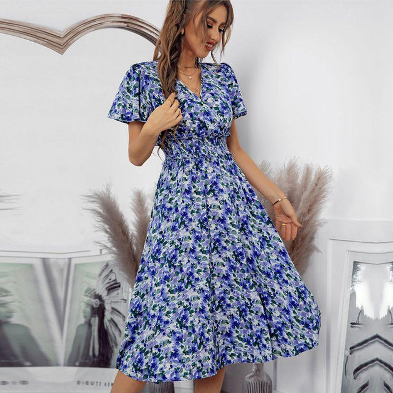 

For Ladies Fashion Medium Long Printed Dress Women Leisure Purple S