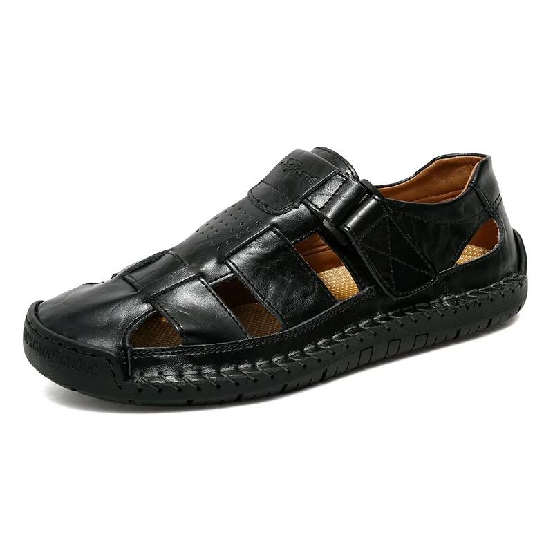 New Genuine Leather Men's Beach Large Size 38-48 Breathable Sandals Retro Handsewn Baotou Casual Fashion Handmade Shoes