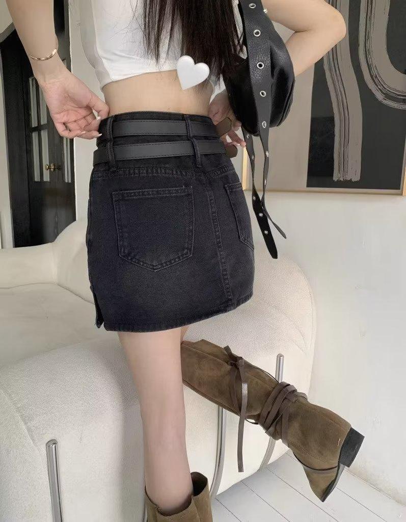 Spicy Girl High Waist Retro Slit Denim Skirt with Double Belt - Women's Summer A-line Mini Skirt
