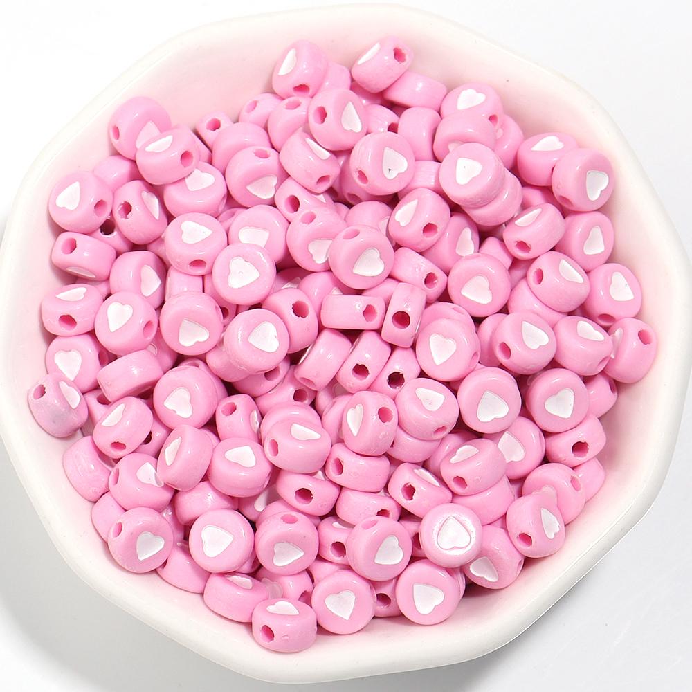 100Pcs/Lot Flat Round Acrylic Beads Colorful Heart Loose Spacer Bead for Jewelry Making Handmade DIY Bracelet Necklace Accessory
