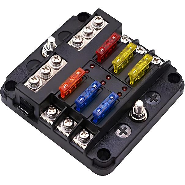 

12 Volt Fuse Block, Waterproof 6 Way Fuse Box with 6 Ground Negative Busbar for Automotive[100 Amp Max] [LED Indicator] for Car Golf Cart Boat Marine 6 Way