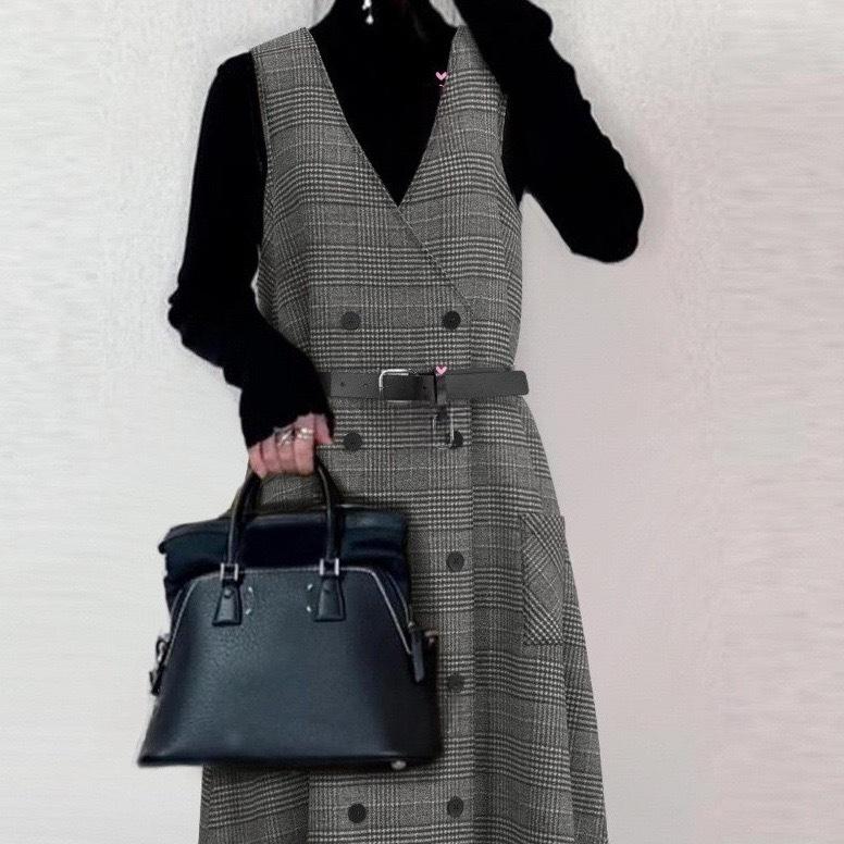 2026 Spring/Autumn Woolen Plaid V-Neck Crossover Vest Dress - Japan/Korea Style