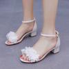 7cm Round Head Square Heel Thick Heel Shallow Mouth One-strip Sandals Pure White Flower Bride Wedding Photography High Heel Sandals
