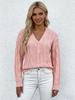 Women's Pink V-Neck Cable Knit Cardigan - Single-Breasted Long-Sleeve Sweater for Spring & Autumn