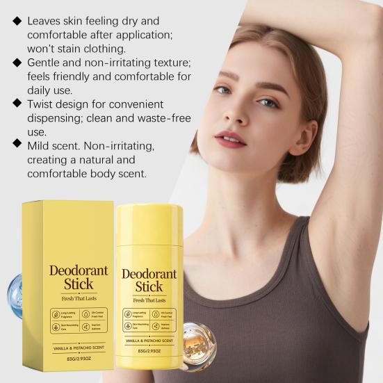 83G Vanilla & Pistachios Deodorant Stick, Odor Protection Perfumed Stick for Women & Men, Long Lasting Fresh Scent Underarm Care Cream Stick