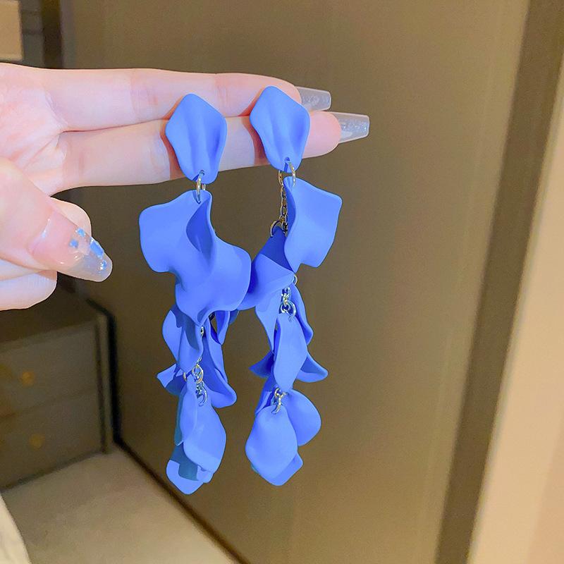 Rose petal earrings exaggerated fashion long fringed earrings women's high-end temperament versatile earrings