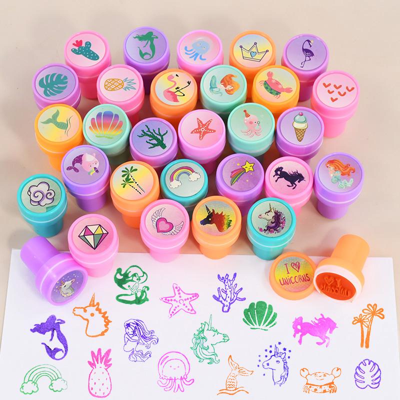 10Pcs Cartoon Unicorn Mermaid Self-ink Stamps Kids Birthday Party Favors Gift Toys Hawaiian Flamingo Party Decoration Supplies