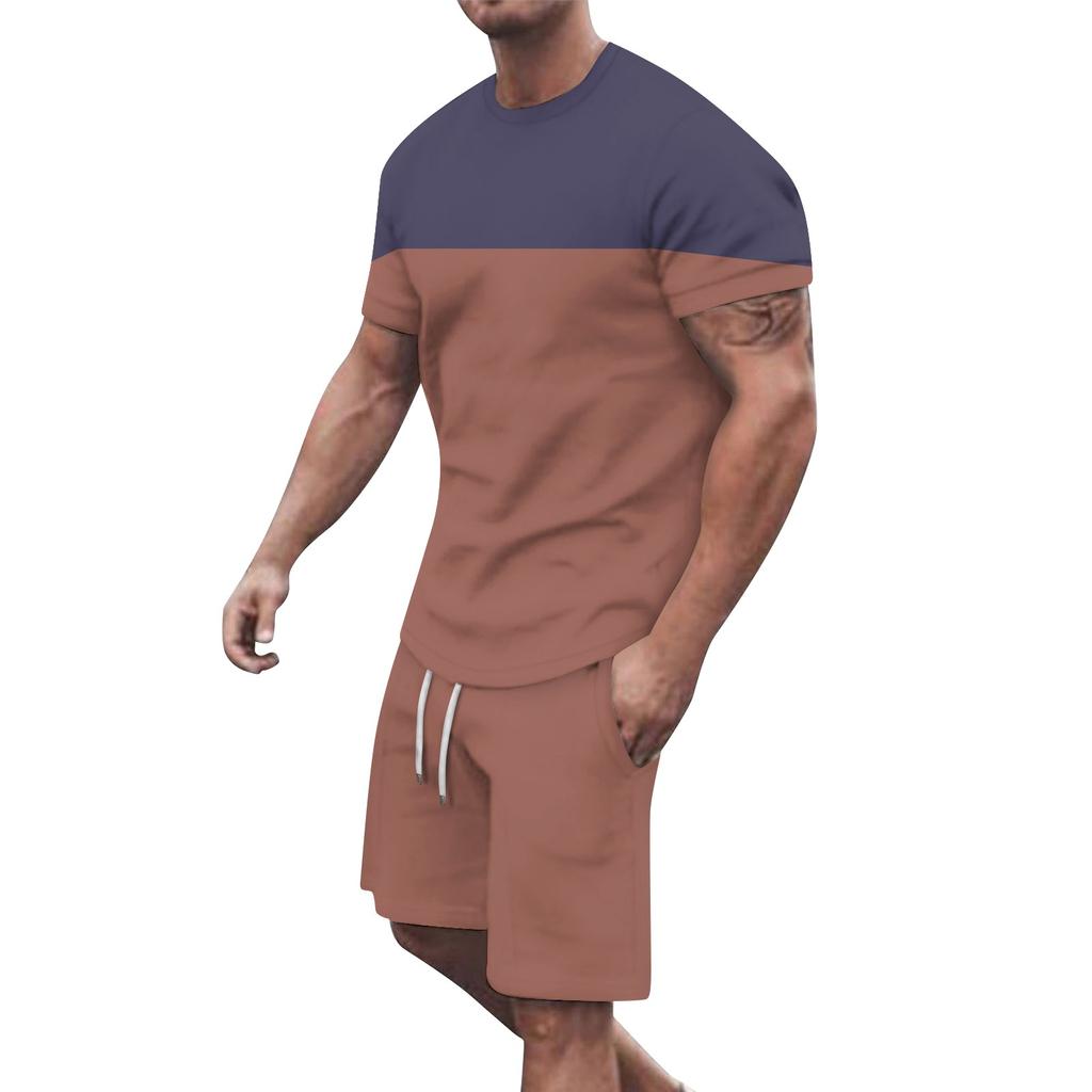 Men's Solid Color Shoulder Short Sleeved Shorts Breathable Men's Casual 2-piece Set