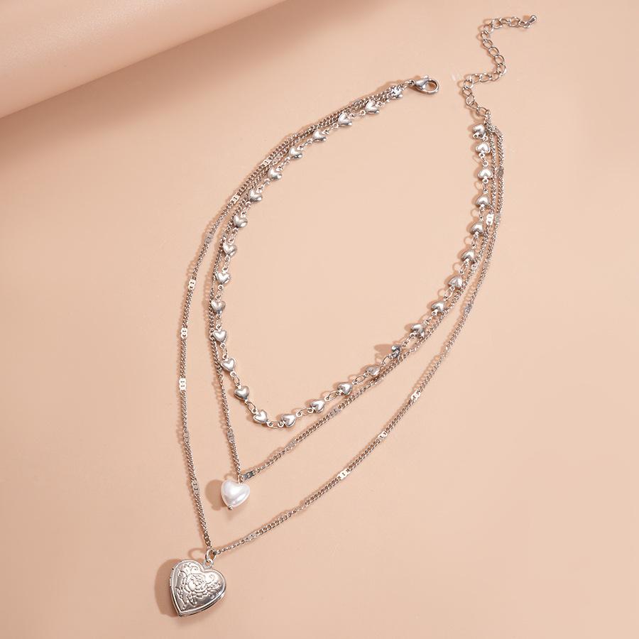 Imitation Pearl Love Print Three-layer Stacked Sweater Chain French Retro Necklace