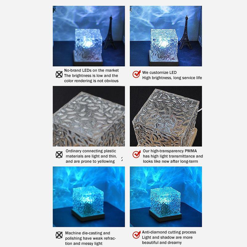 Rotating Water Ripple Atmosphere Lamp Water Ripple Lamp Bedroom Bedside Flame Romantic Lamp Dynamic Square Desk Lamp