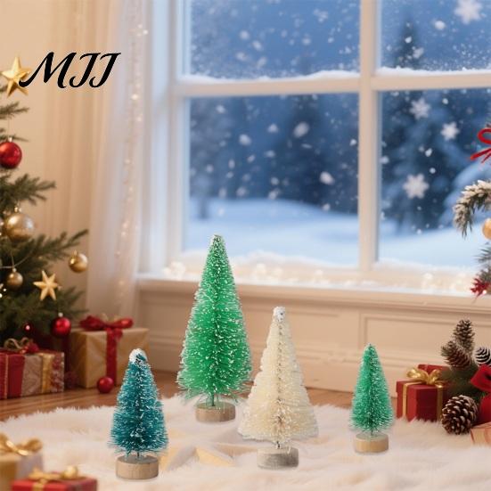 Small Pine Tree for Decor Mini Christmas Bottle Brush Tree, Artificial Miniature Tiny Sisal with Festive Party Ornament Wooden Base, Winter Snow Frost