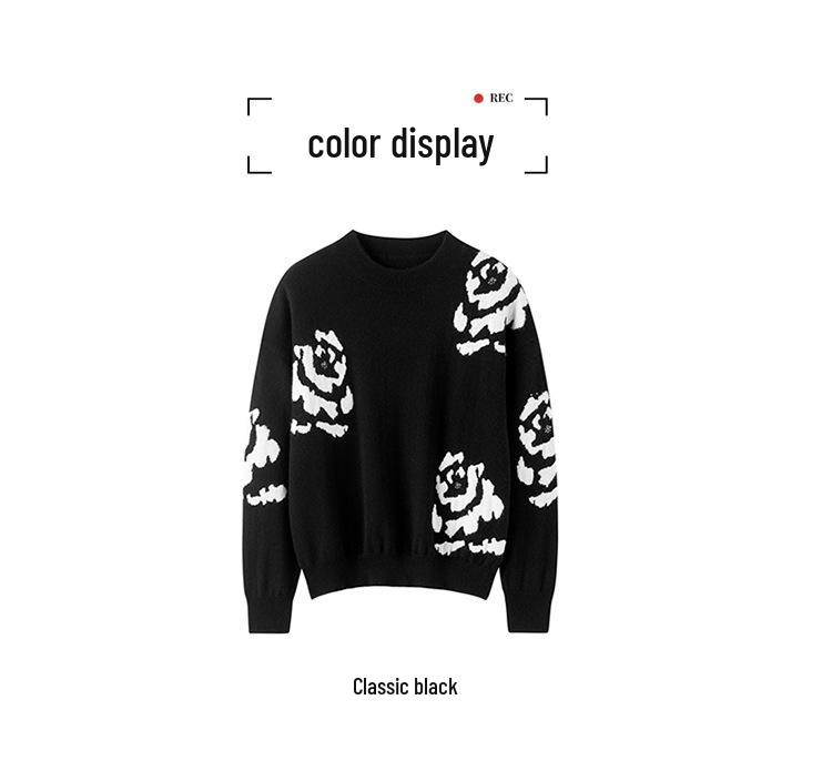Women's Pure Cashmere Rose Color Block Round Neck Sweater