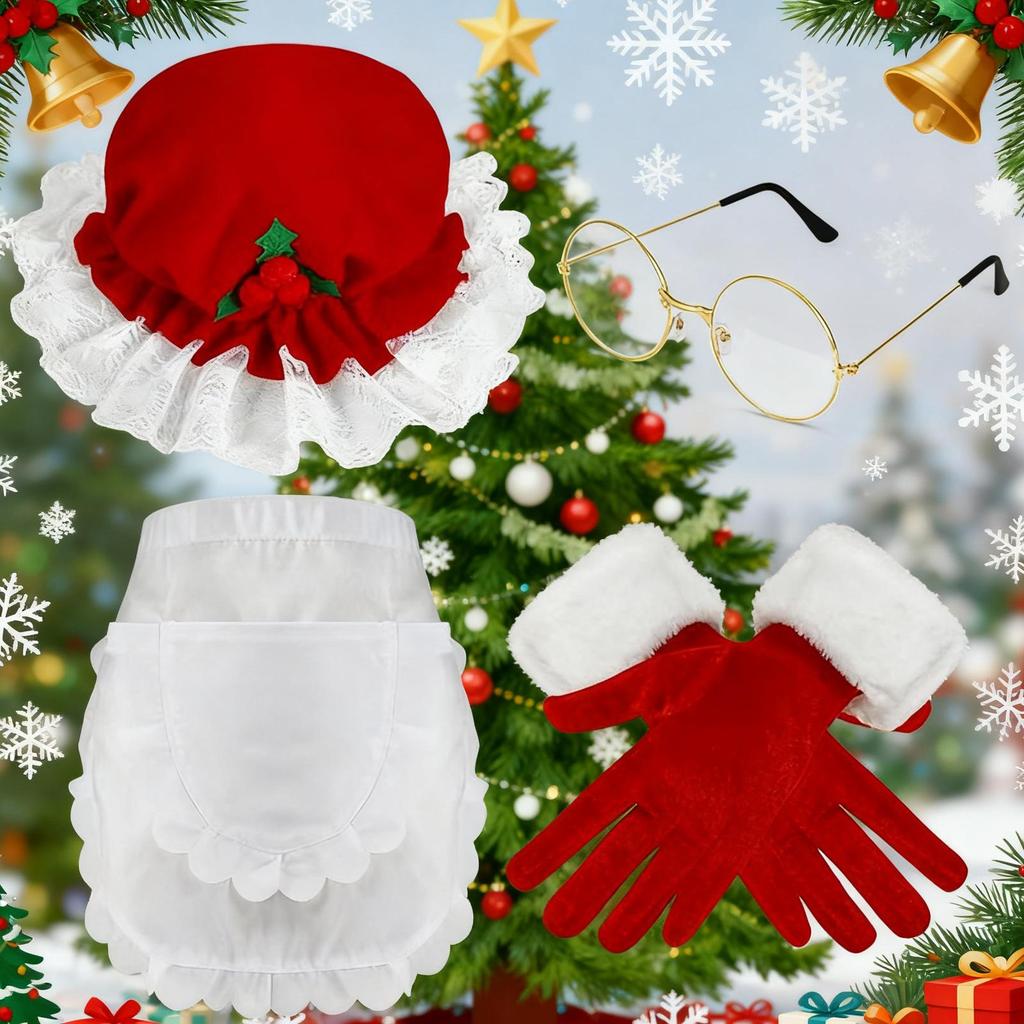 Santa Accessories Women Dress Up Glasses Apron Hat Gloves Christmas Santa Costume Accessories Set For Women Holiday Party