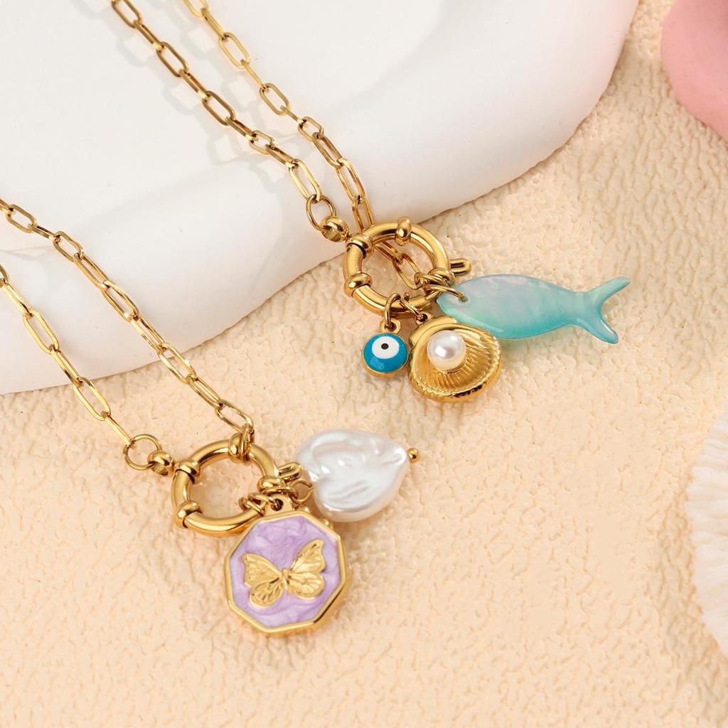 18K Gold Ocean-Style Detachable Pendant Necklace: Turtle, Anchor & Fishbone Design