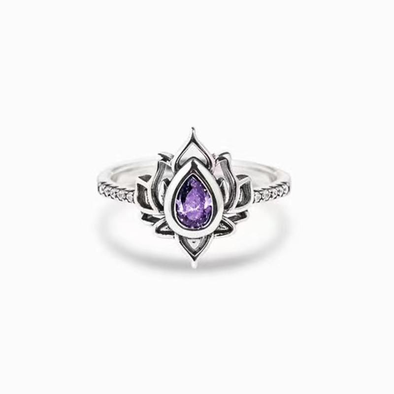 Vintage Distressed Flame Lotus Waterdrop Ring With Cubic Zirconia Stones Elegant Floral Design Jewelry For Women