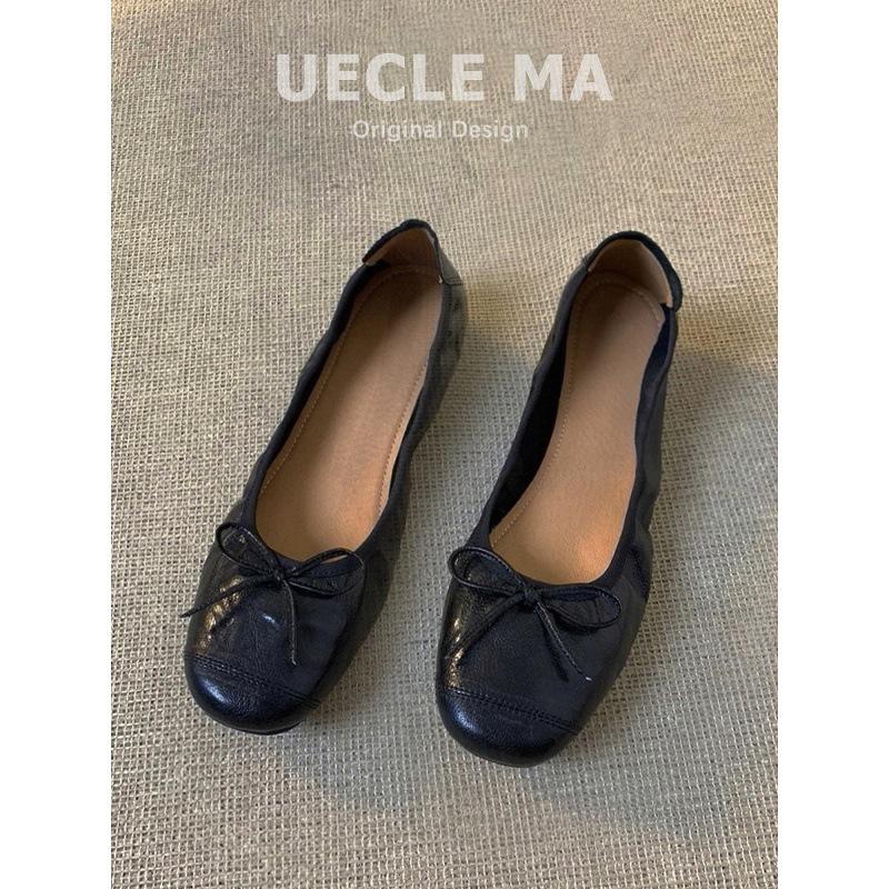 Rindslederversion Retro Flachmund Einzelne Schuhe Damen Leder Flachboden Vielseitige Schleife Abendschuhe Superweiche Eierrollen Ballerinas